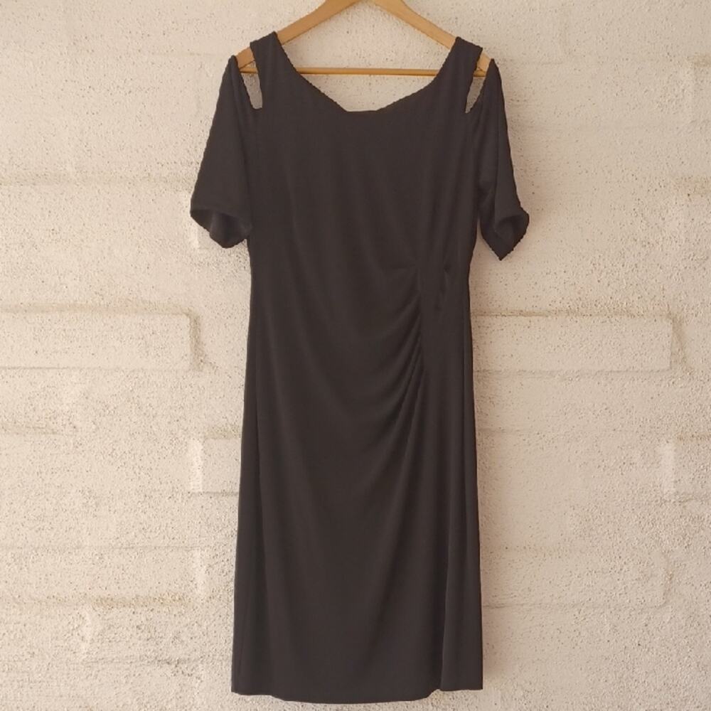 Connected Apparel Black Cold Shoulder Midi Dress, Ruched Side Detail, Stretch 14